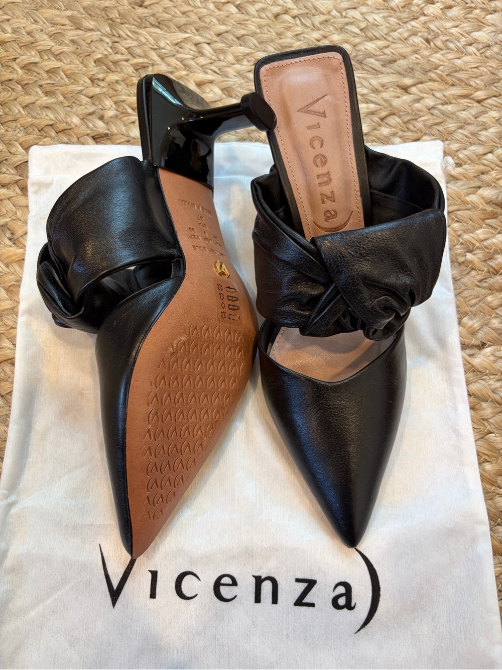 Vicenza Knotted Kitten Heels - Black Matte Leather Mules | Size 39 - Picture 4 of 6